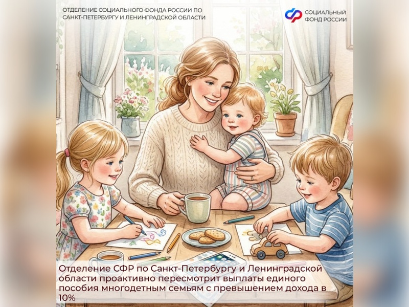 Отделение СФР по Санкт-Петербургу и Ленинградской области проактивно пересмотрит выплаты единого пособия многодетным семьям с превышением дохода в 10%.